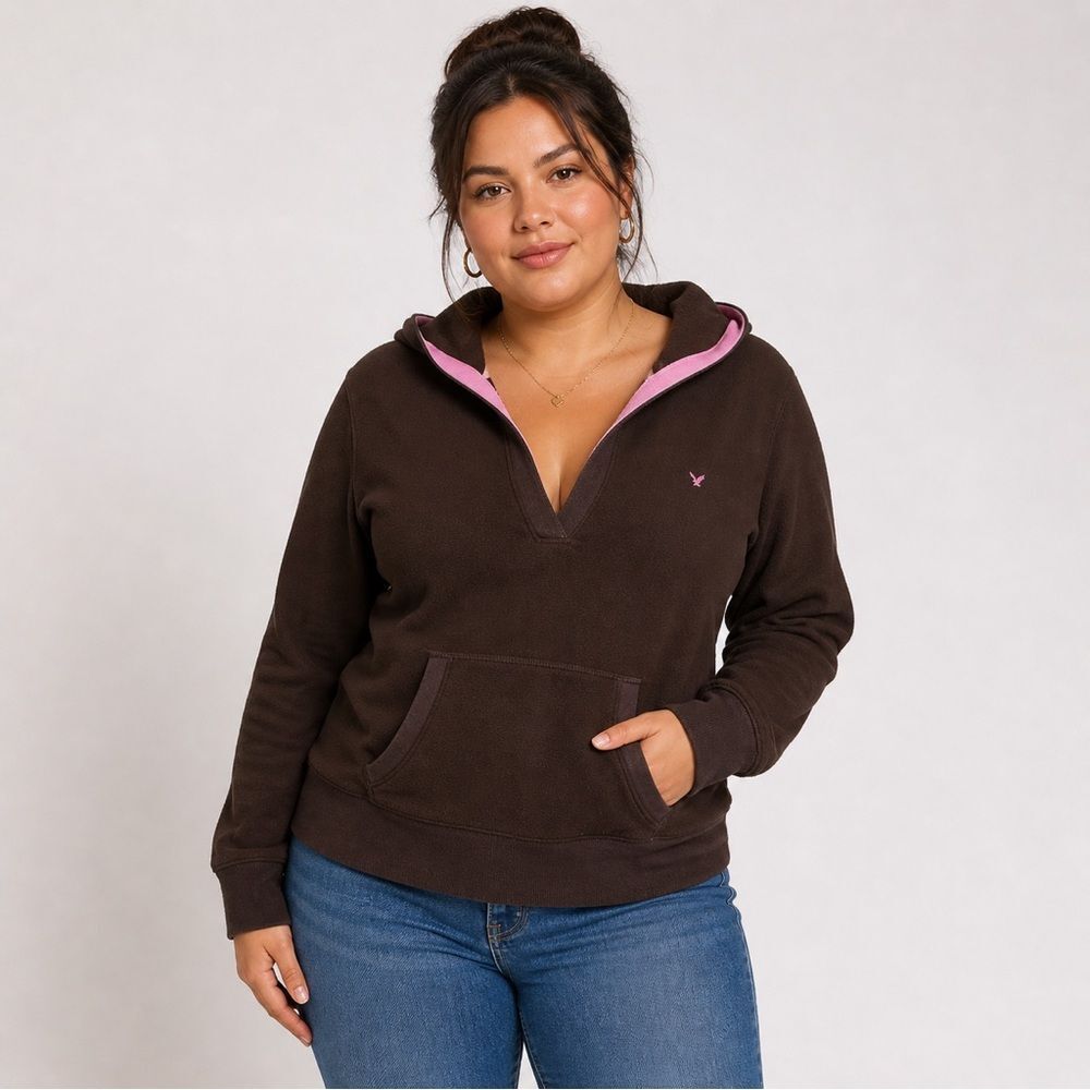 American Eagle Outfitters Solid Brown Hoodie with Pink Trim Kangaroo Pocket XL